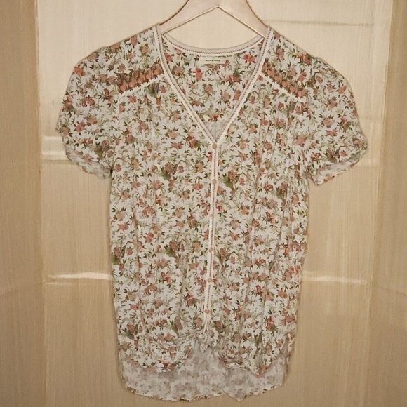 Max Studio White Pink Floral Silky High Low Top Medium - Picture 1 of 6